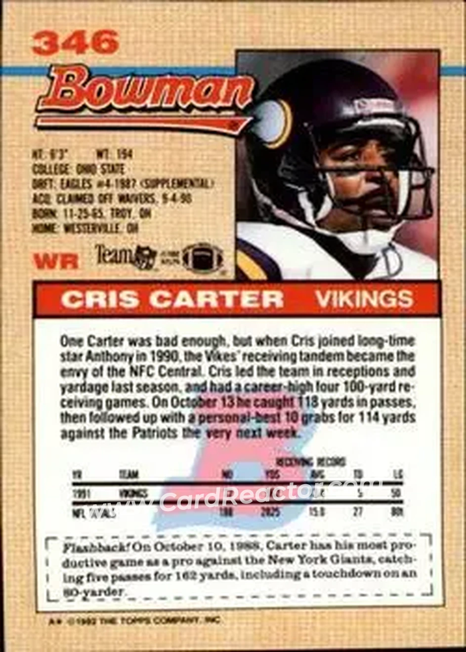 1992 Bowman #346 - Cris Carter - Minnesota Vikings - Back 1992 Bowman #346 - Cris Carter - Minnesota Vikings - Back