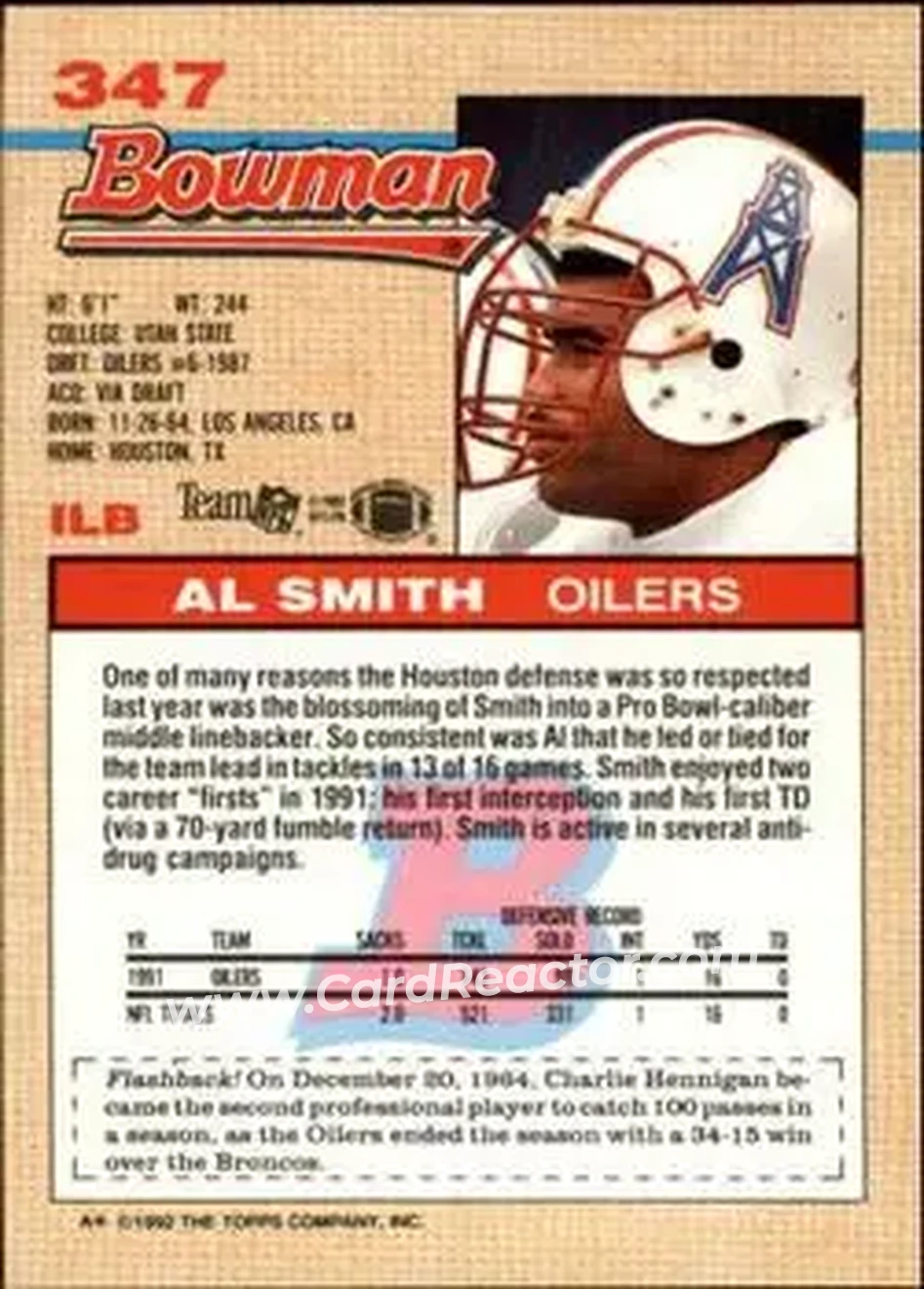 1992 Bowman #347 - Al Smith - Houston Oilers - Back