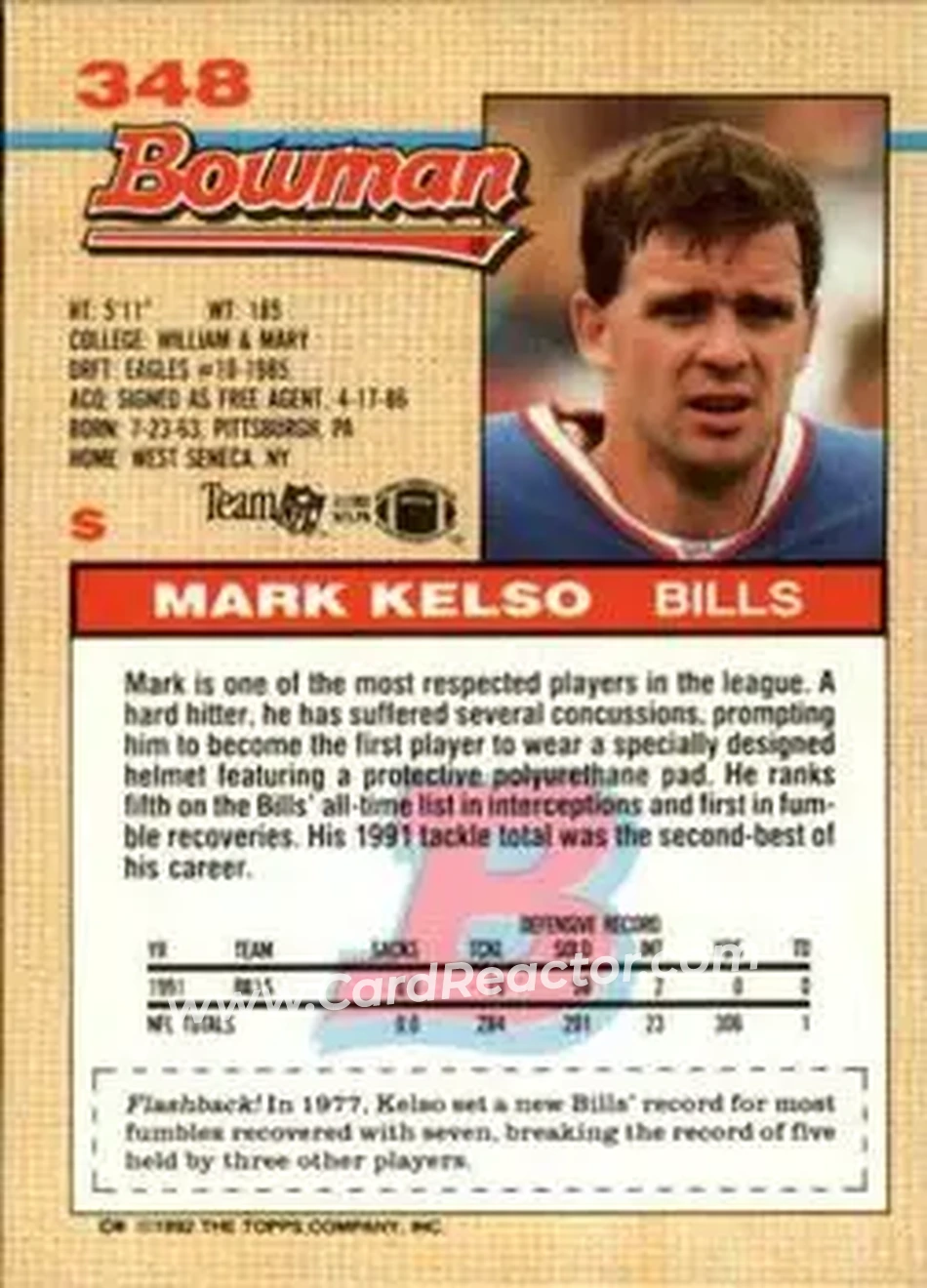 1992 Bowman #348 - Mark Kelso - Buffalo Bills - Back