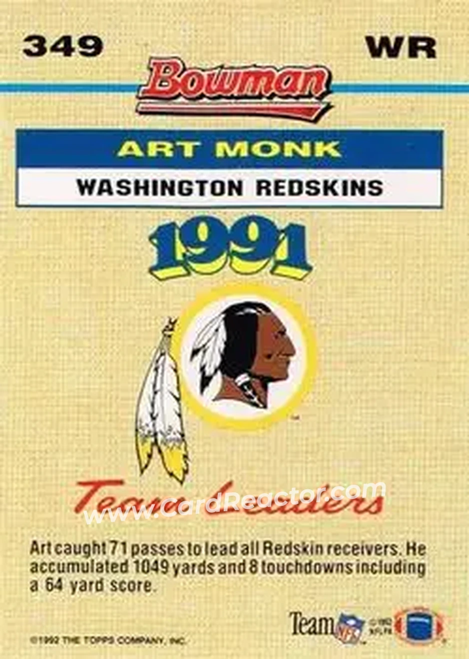 1992 Bowman #349 - Art Monk - Washington Redskins - Back