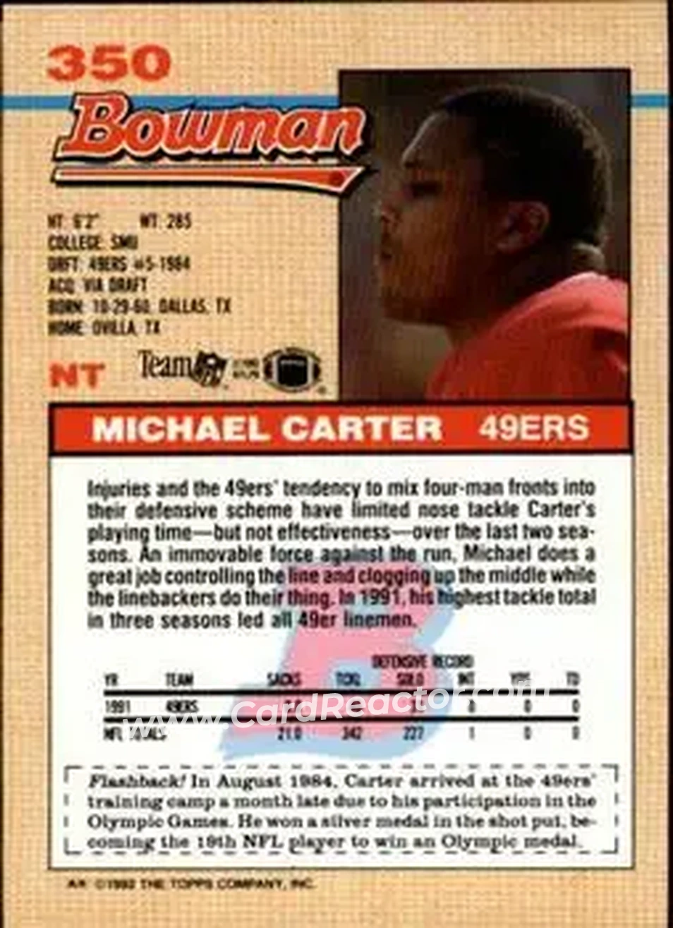 1992 Bowman #350 - Michael Carter - San Francisco 49ers - Back