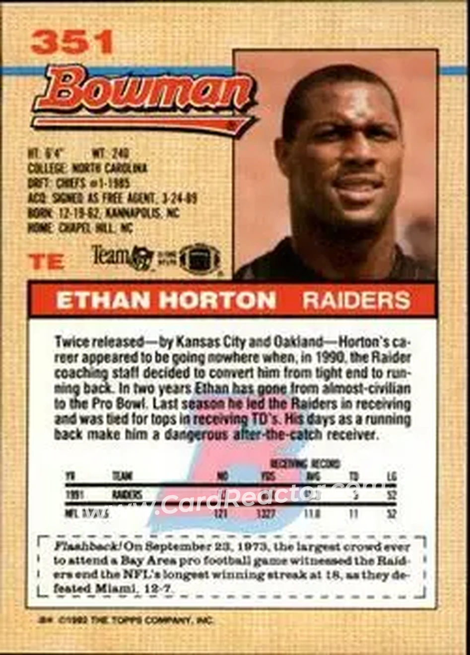 1992 Bowman #351 - Ethan Horton - Los Angeles Raiders - Back