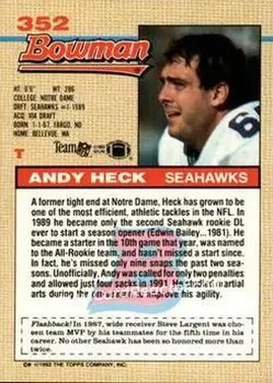 1992 Bowman #352 - Andy Heck - Seattle Seahawks - Back