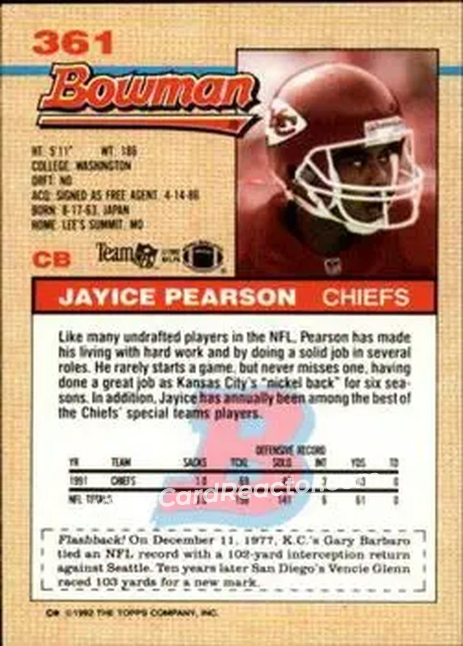 1992 Bowman #361 - Jayice Pearson - Kansas City Chiefs - Back