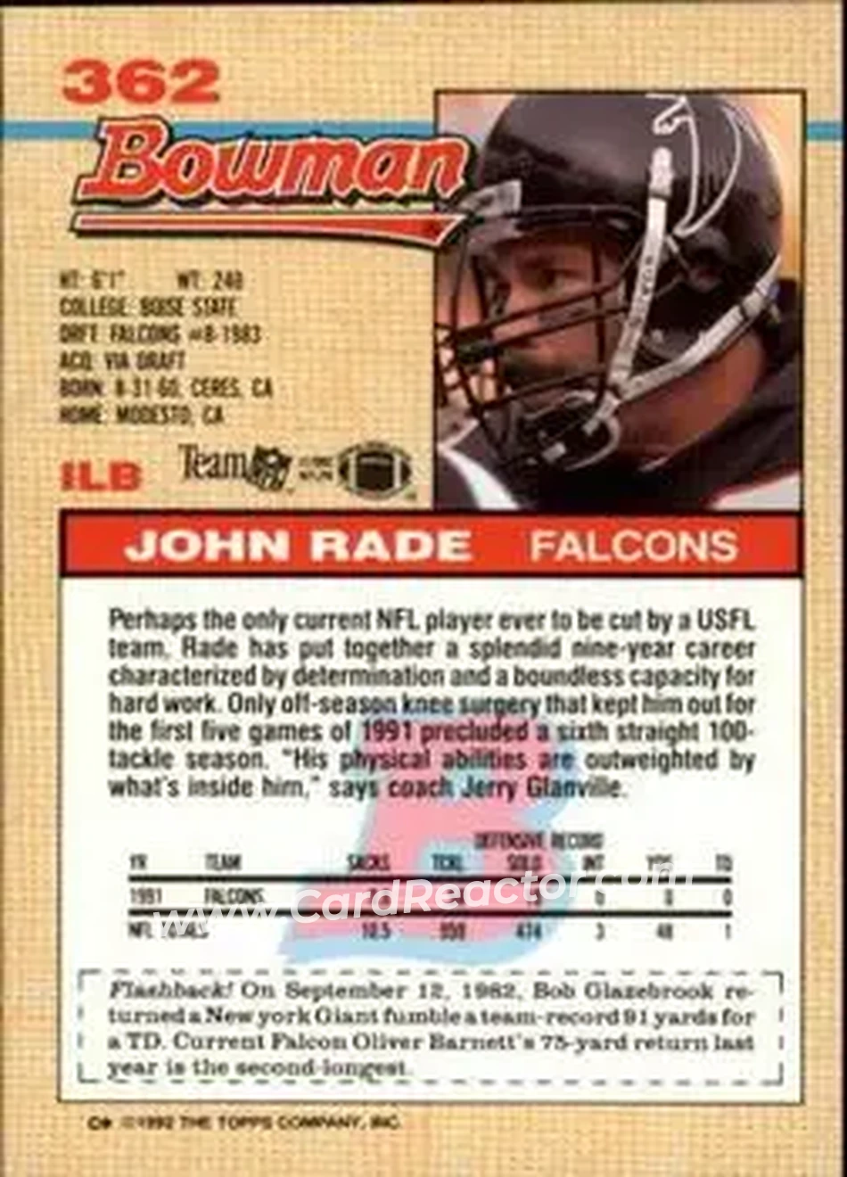 1992 Bowman #362 - John Rade - Atlanta Falcons - Back