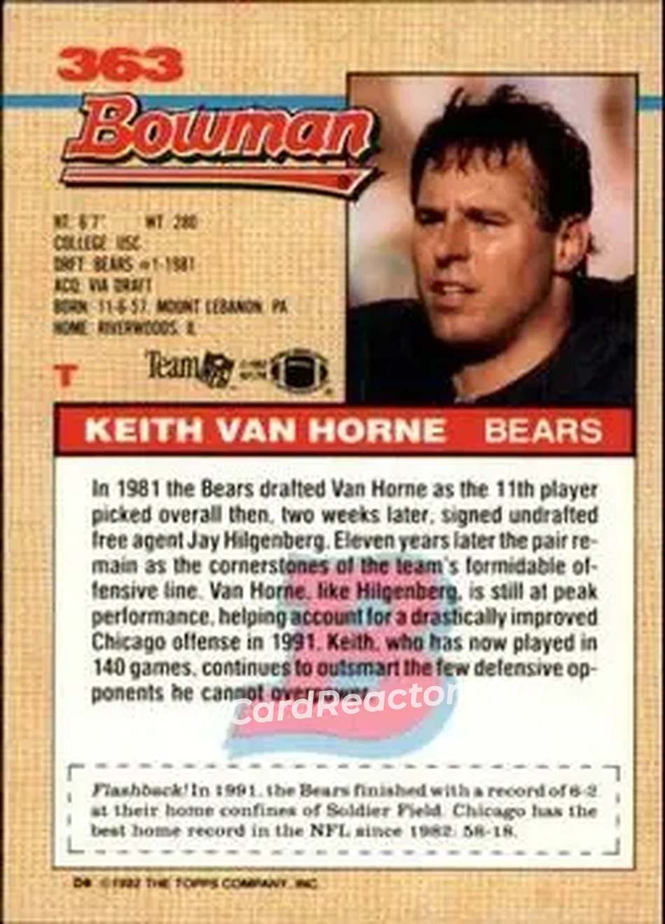 1992 Bowman #363 - Keith Van Horne - Chicago Bears - Back