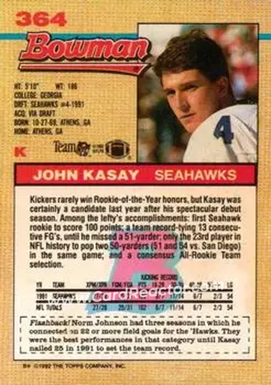 1992 Bowman #364 - John Kasay - Seattle Seahawks - Back