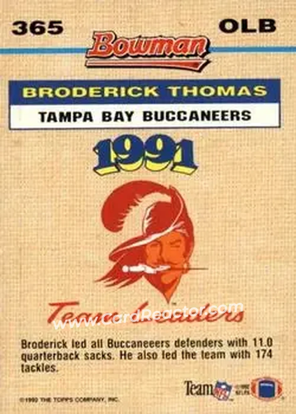 1992 Bowman #365 - Broderick Thomas - Tampa Bay Buccaneers - Back