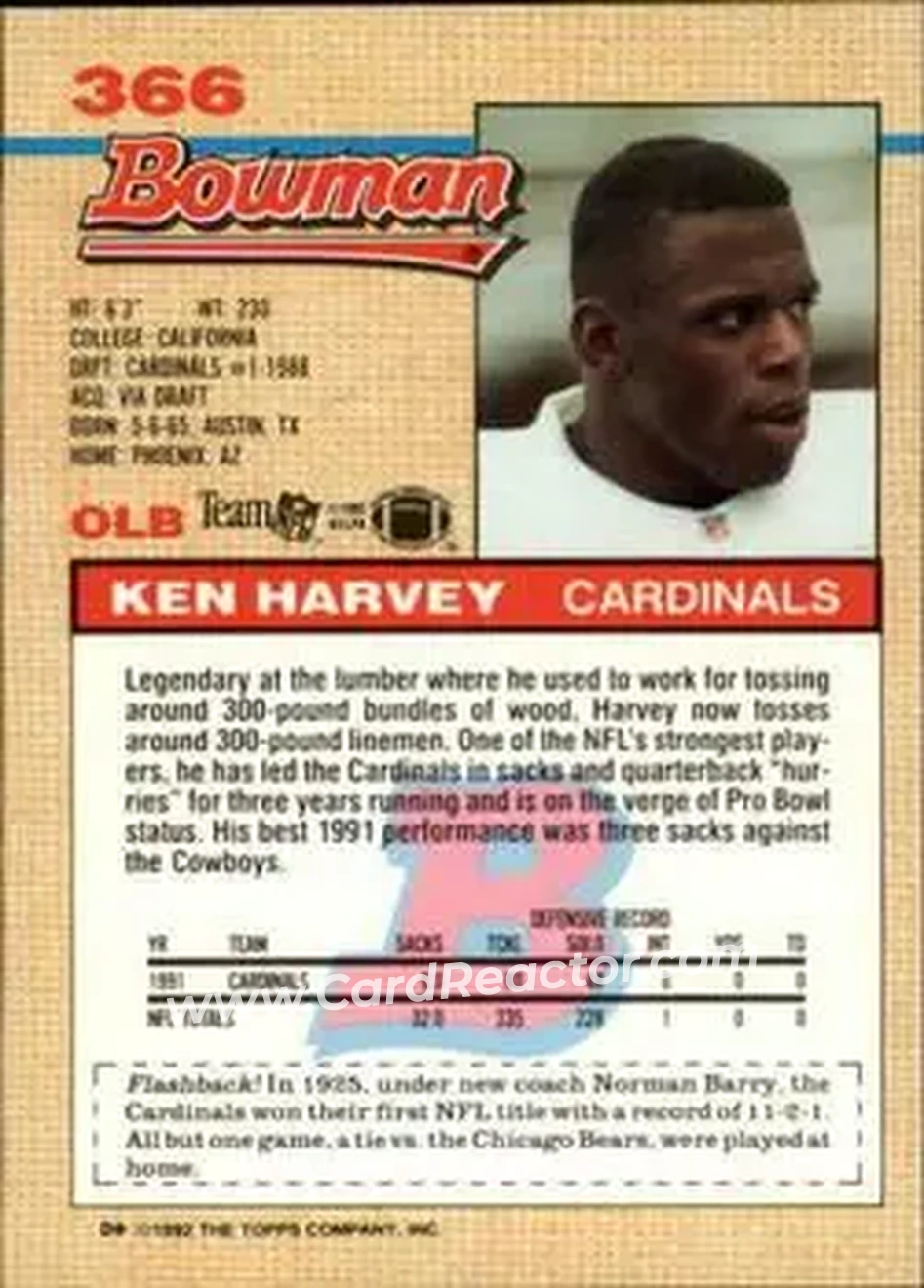 1992 Bowman #366 - Ken Harvey - Phoenix Cardinals - Back