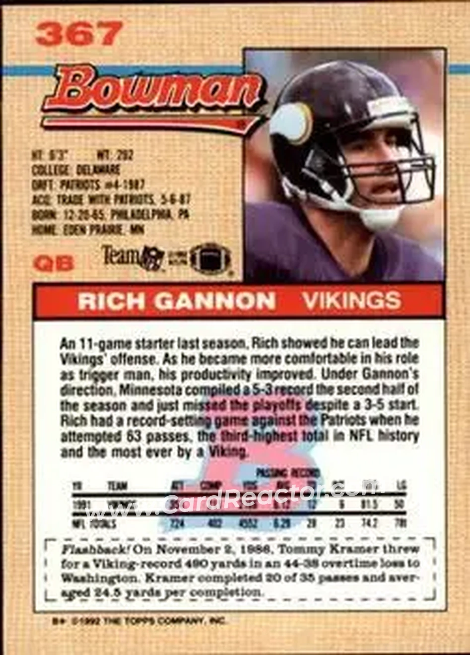 1992 Bowman #367 - Rich Gannon - Minnesota Vikings - Back