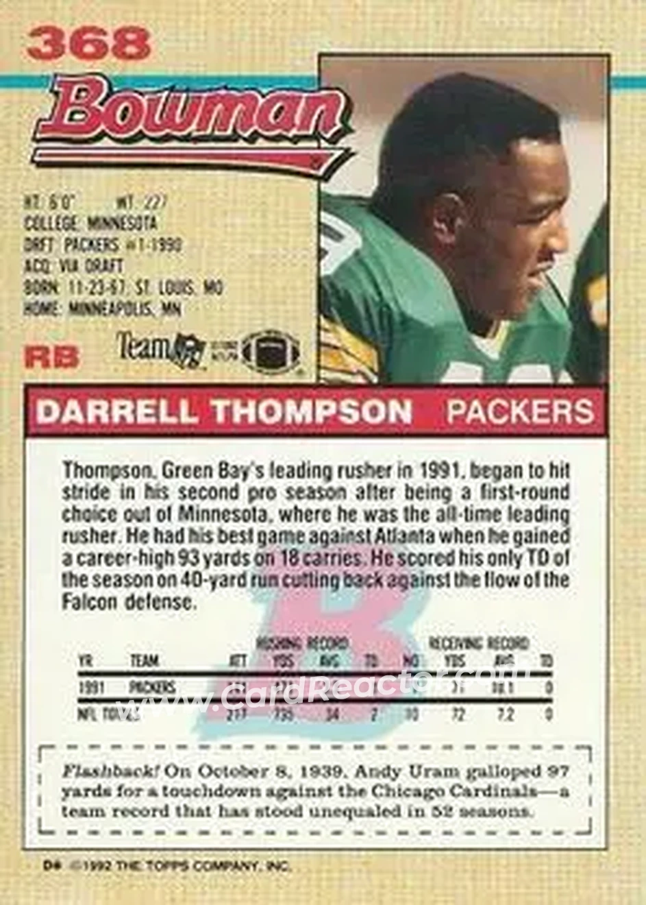 1992 Bowman #368 - Darrell Thompson - Green Bay Packers - Back