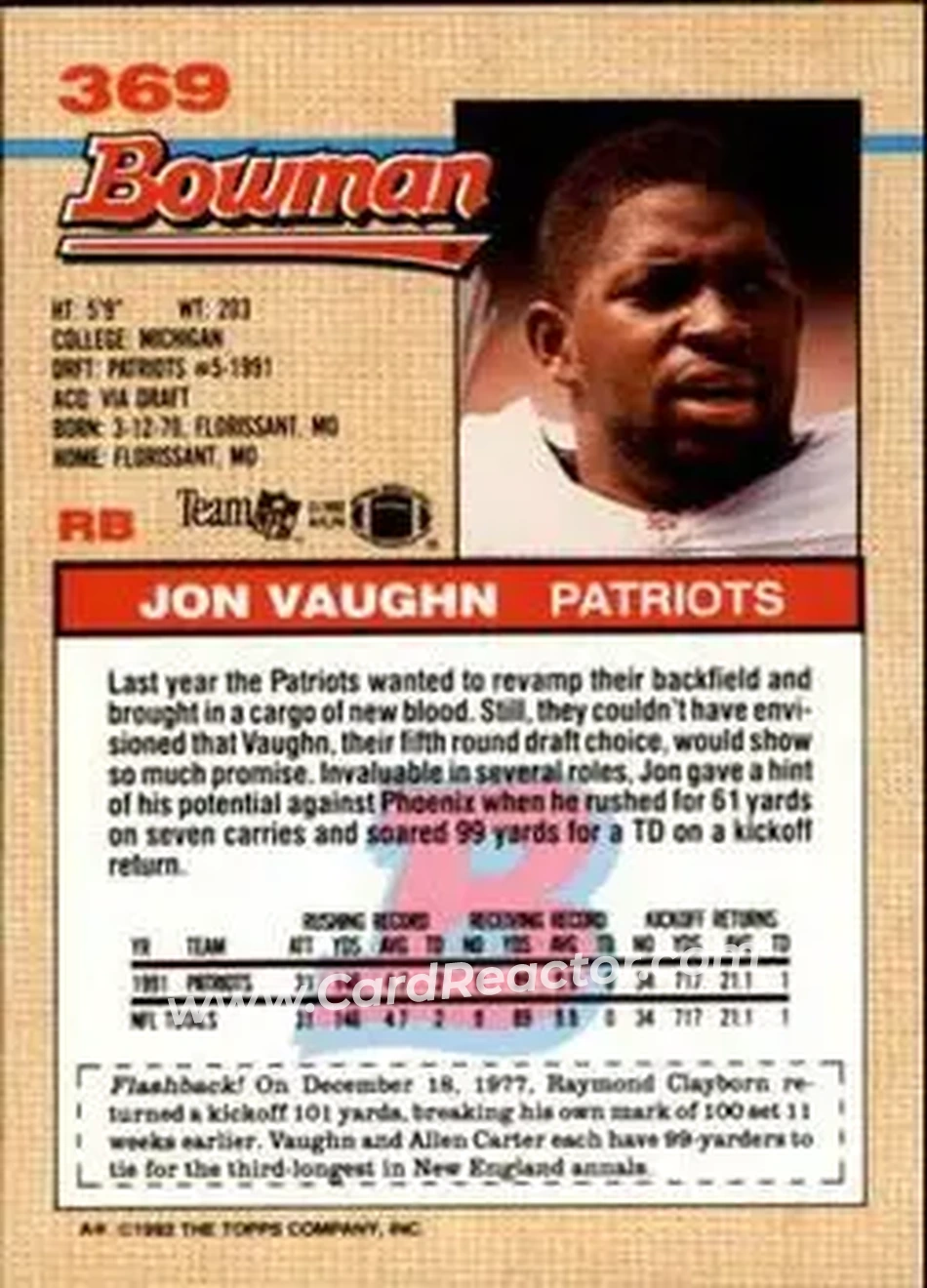 1992 Bowman #369 - Jon Vaughn - New England Patriots - Back
