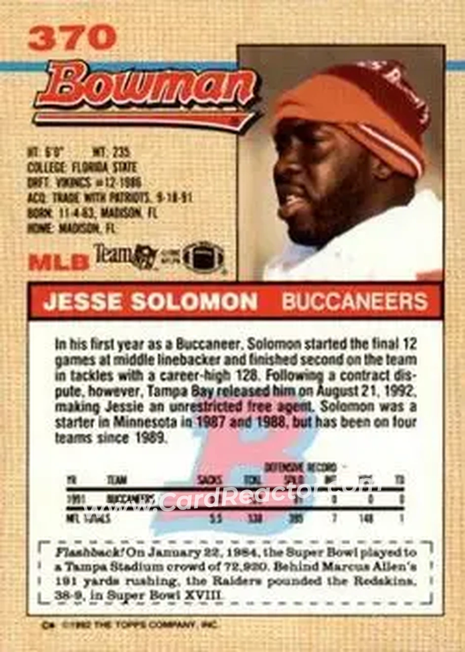 1992 Bowman #370 - Jesse Solomon - Tampa Bay Buccaneers - Back