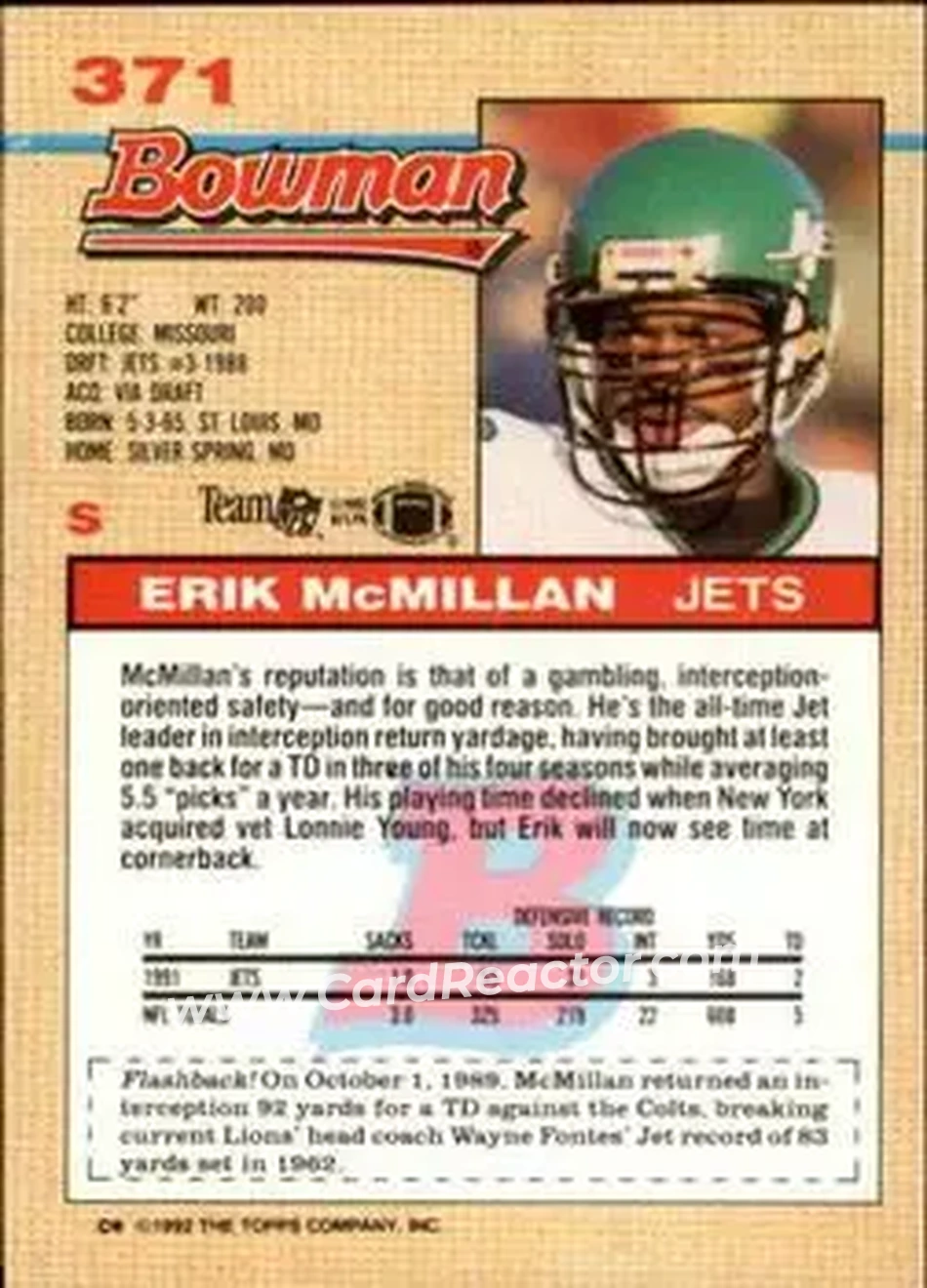1992 Bowman #371 - Erik McMillan - New York Jets - Back