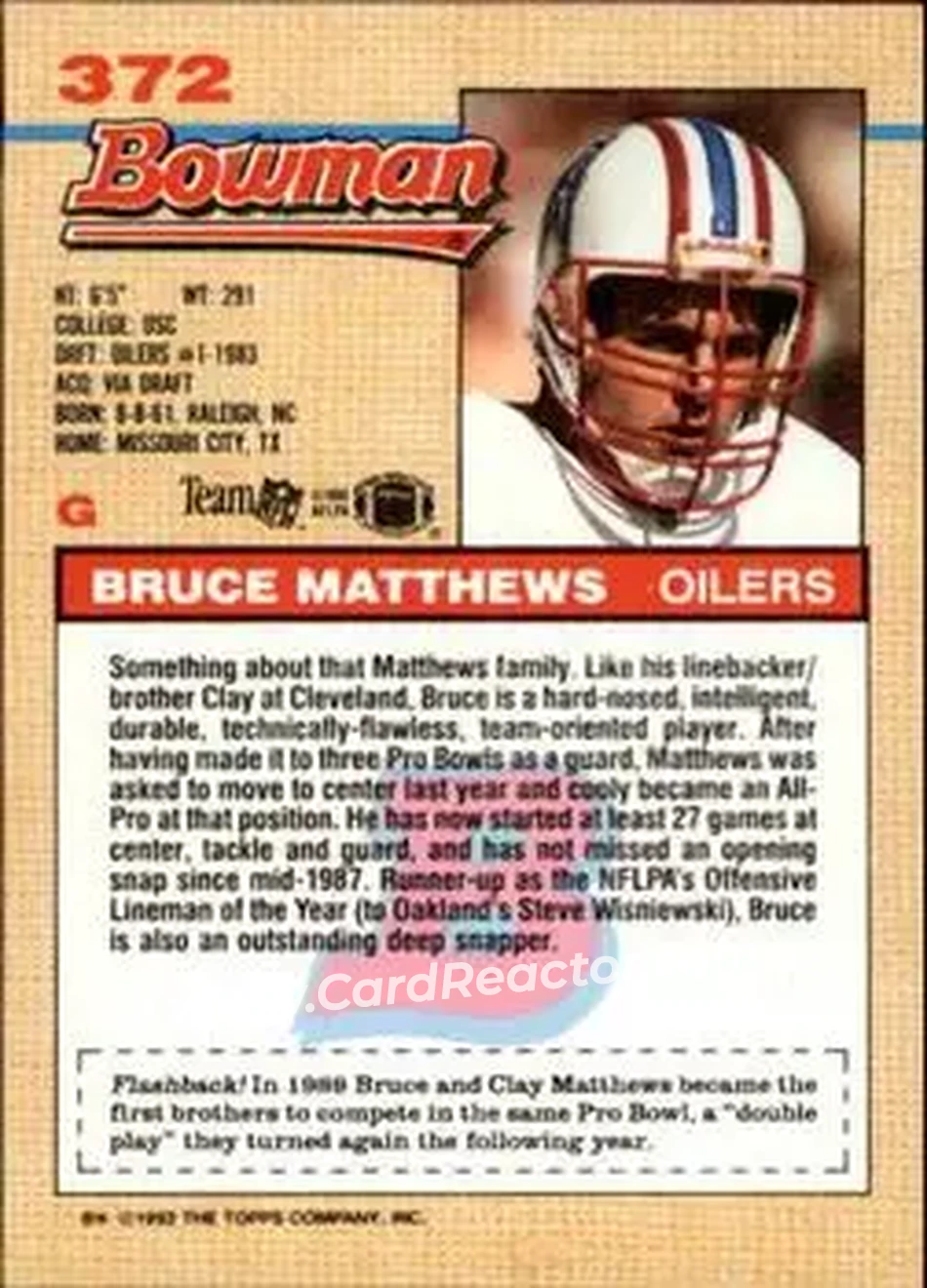 1992 Bowman #372 - Bruce Matthews - Houston Oilers - Back