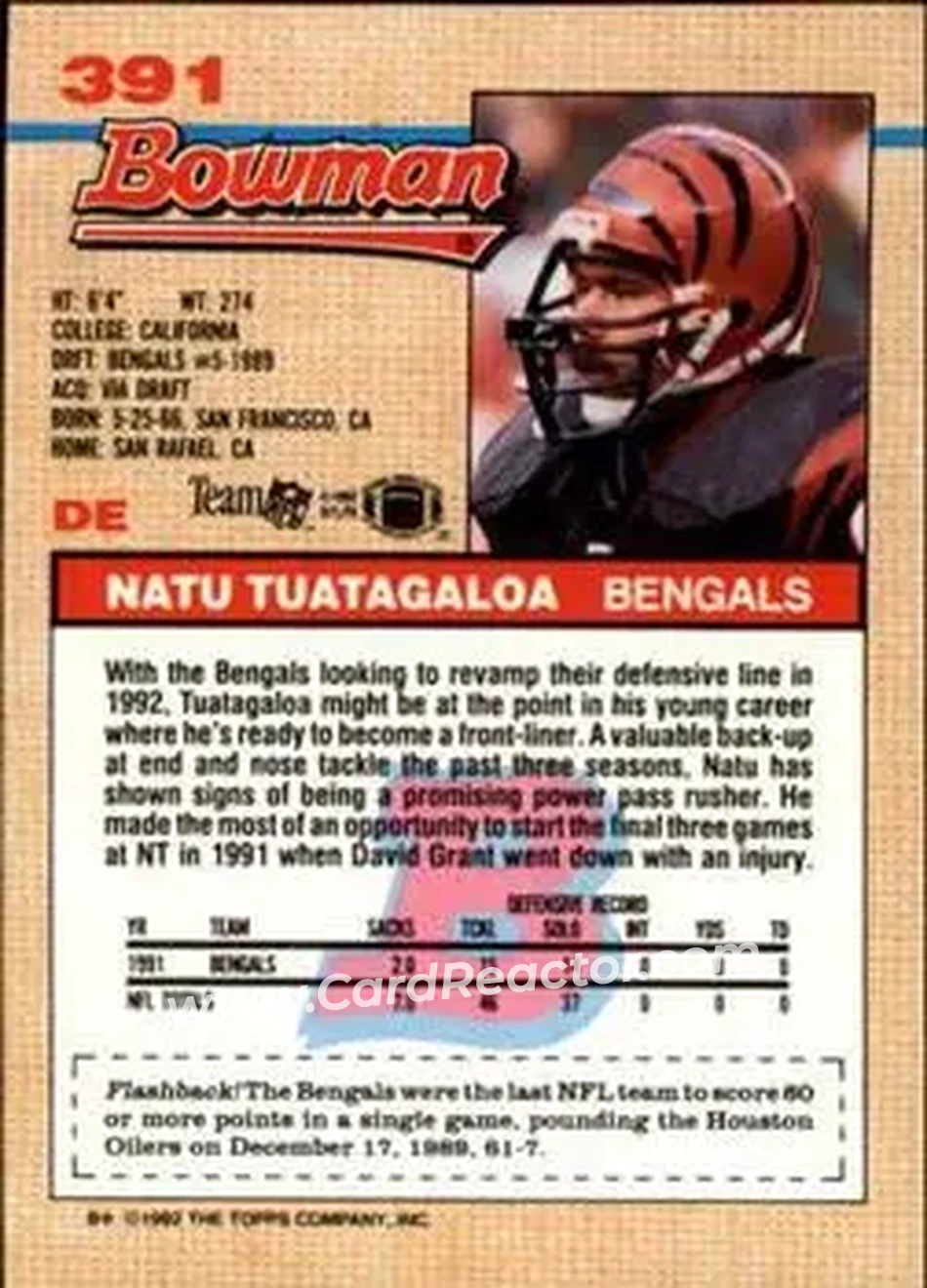 1992 Bowman #391 - Natu Tuatagaloa - Cincinnati Bengals - Back 1992 Bowman #391 - Natu Tuatagaloa - Cincinnati Bengals - Back