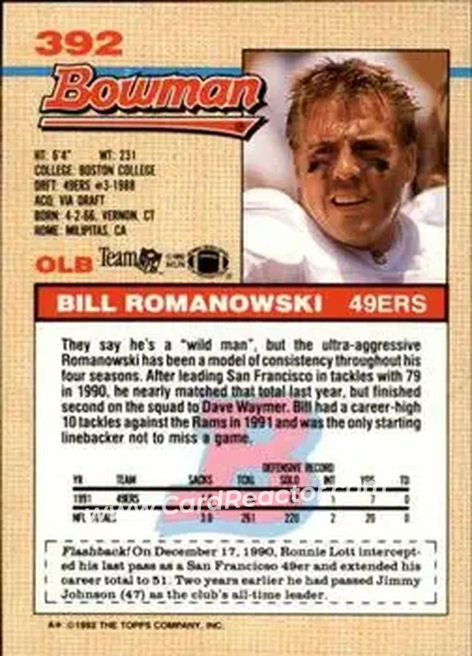 1992 Bowman #392 - Bill Romanowski - San Francisco 49ers - Back