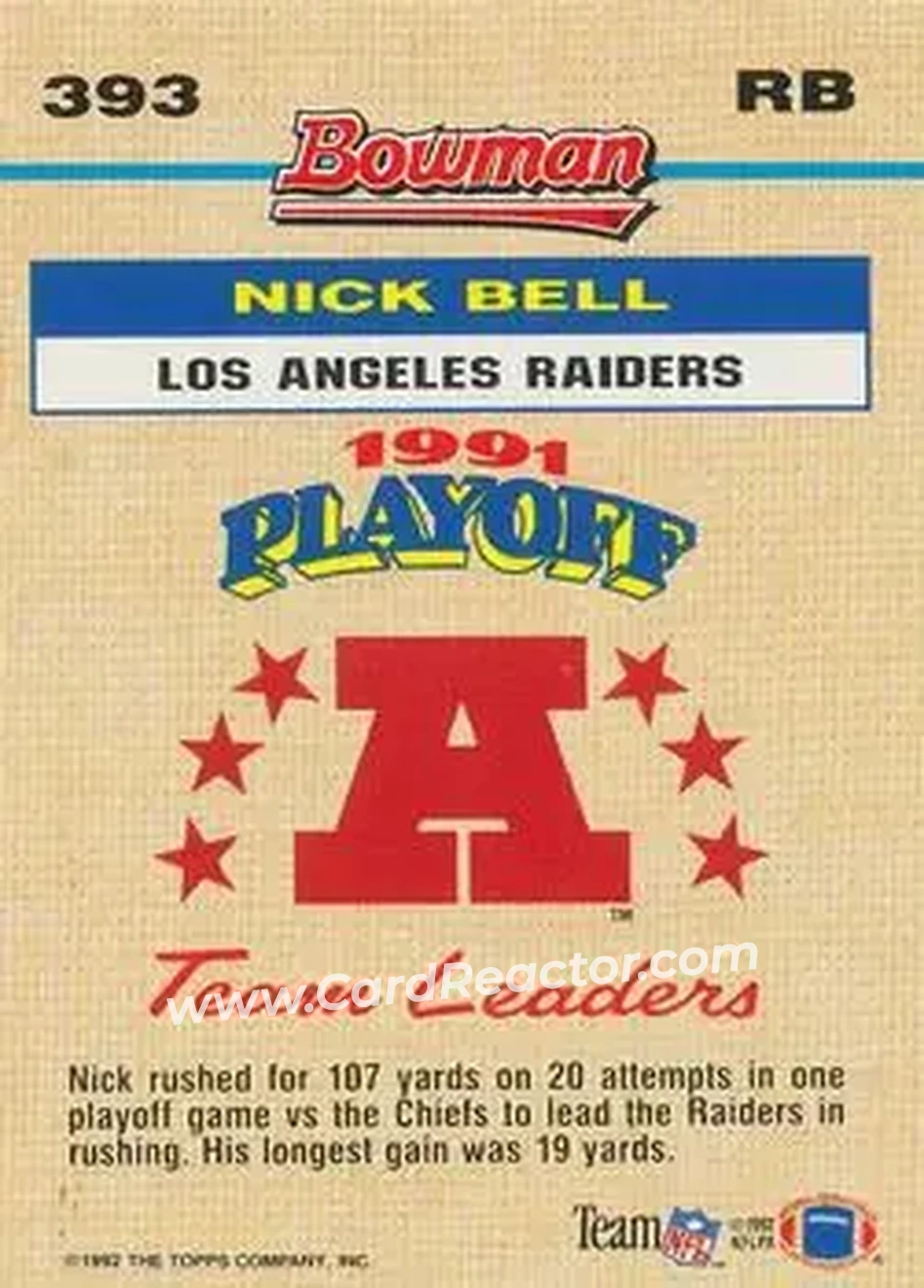 1992 Bowman #393 - Nick Bell - Los Angeles Raiders - Back