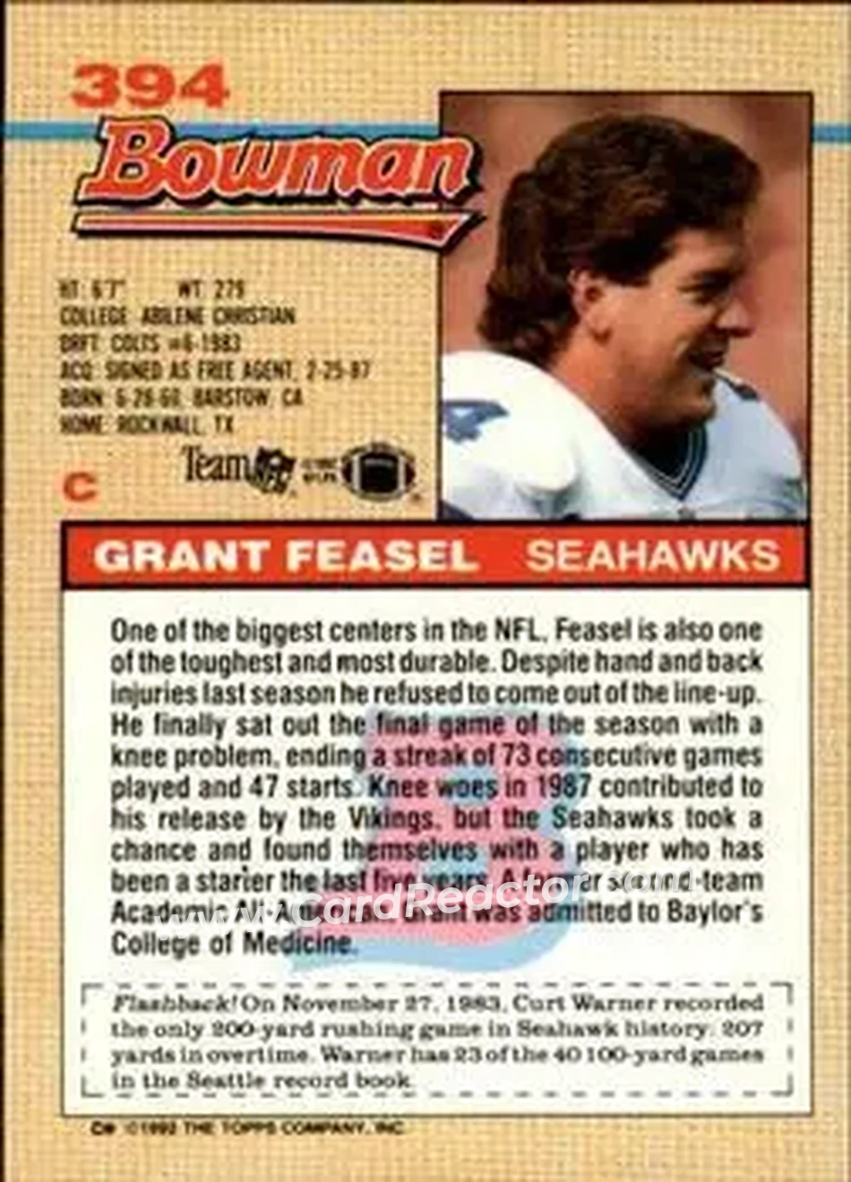 1992 Bowman #394 - Grant Feasel - Seattle Seahawks - Back