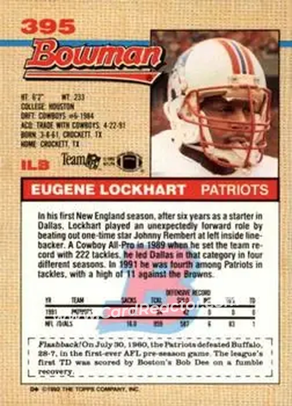 1992 Bowman #395 - Eugene Lockhart - New England Patriots - Back