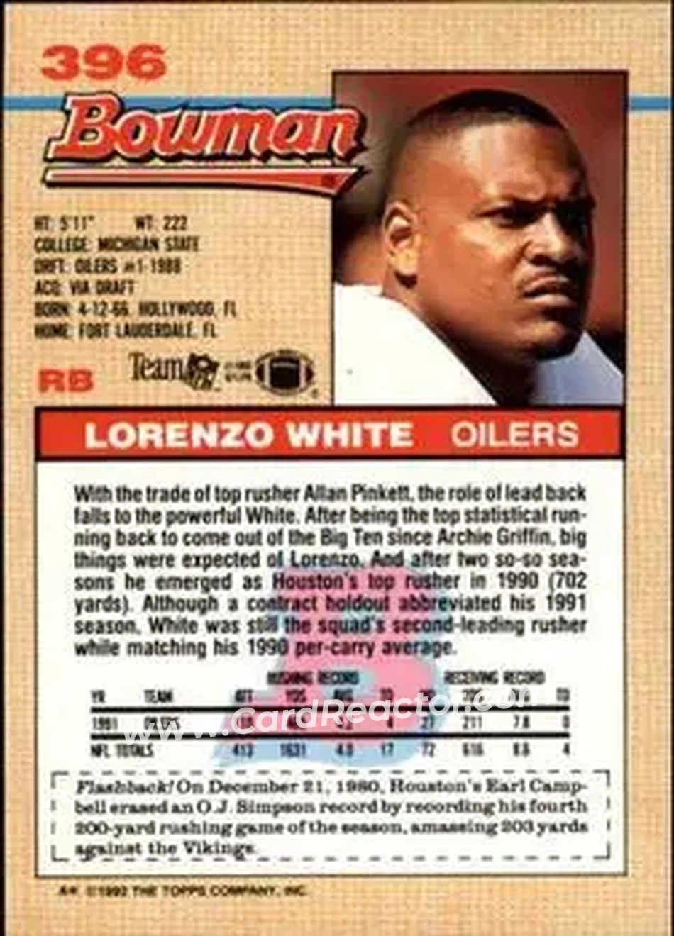 1992 Bowman #396 - Lorenzo White - Houston Oilers - Back