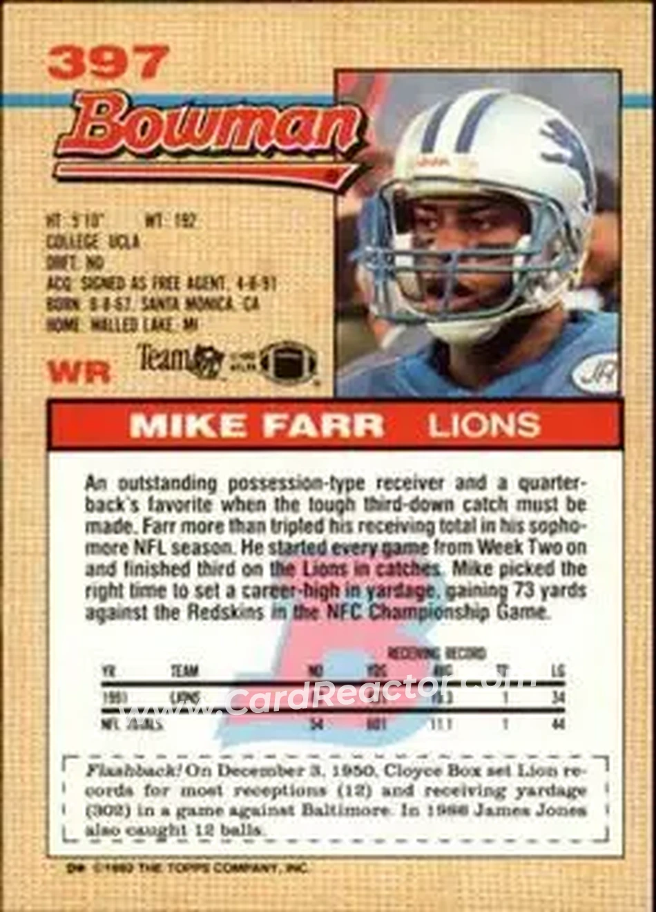 1992 Bowman #397 - Mike Farr - Detroit Lions - Back