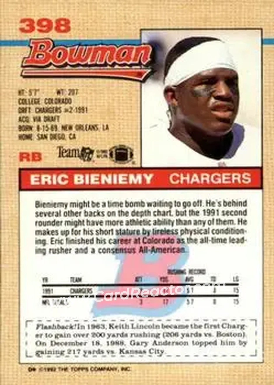 1992 Bowman #398 - Eric Bieniemy - San Diego Chargers - Back