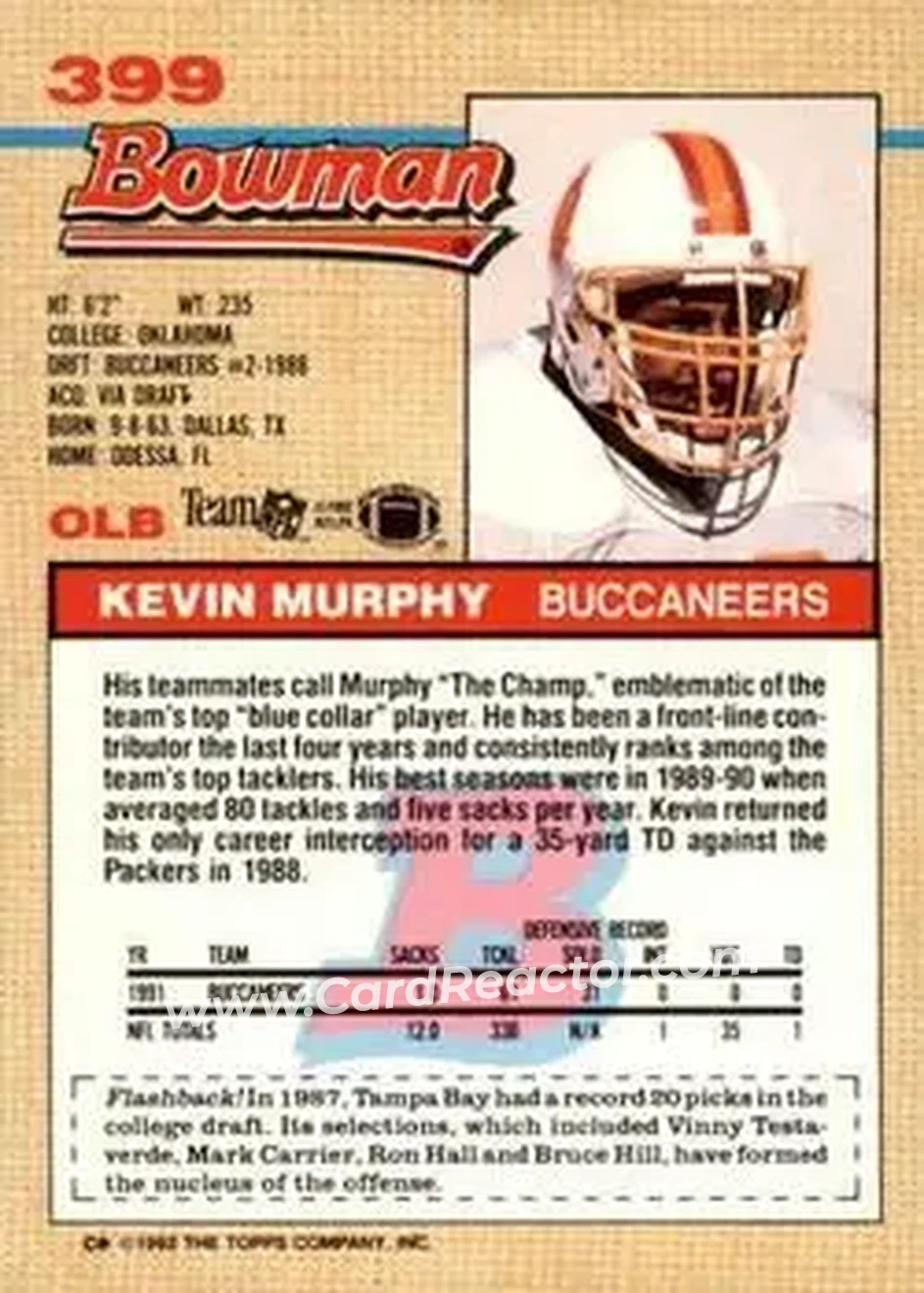 1992 Bowman #399 - Kevin Murphy - Tampa Bay Buccaneers - Back
