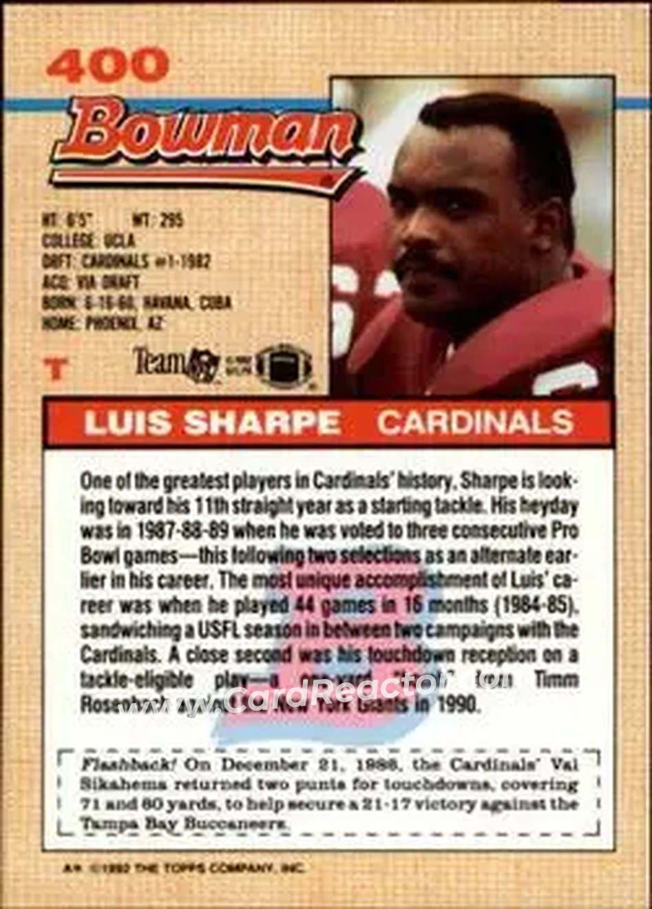 1992 Bowman #400 - Luis Sharpe - Phoenix Cardinals - Back