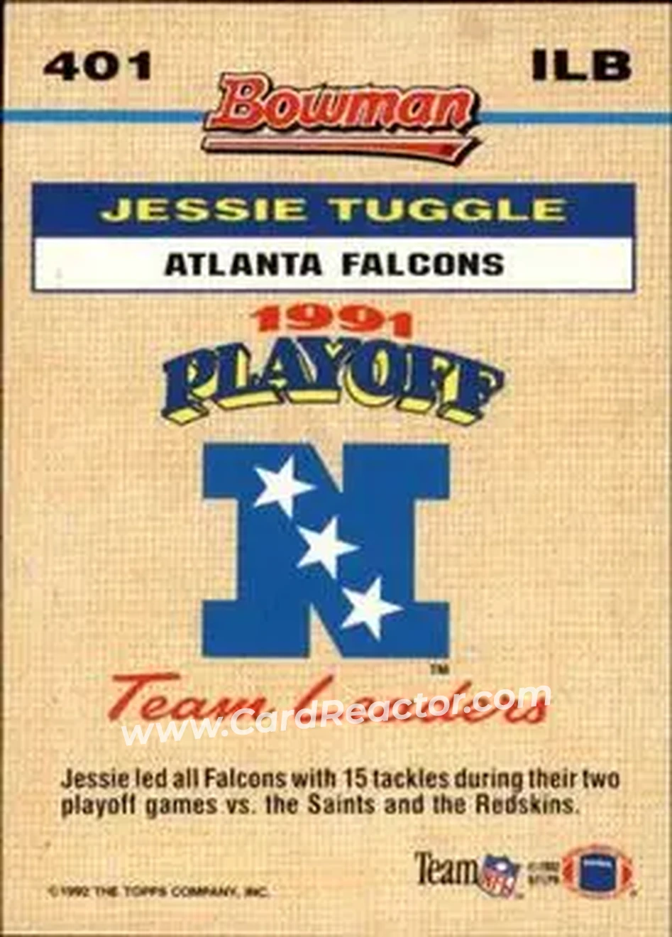 1992 Bowman #401 - Jessie Tuggle - Atlanta Falcons - Back 1992 Bowman #401 - Jessie Tuggle - Atlanta Falcons - Back