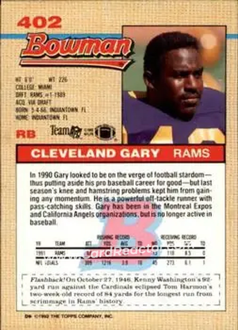 1992 Bowman #402 - Cleveland Gary - Los Angeles Rams - Back