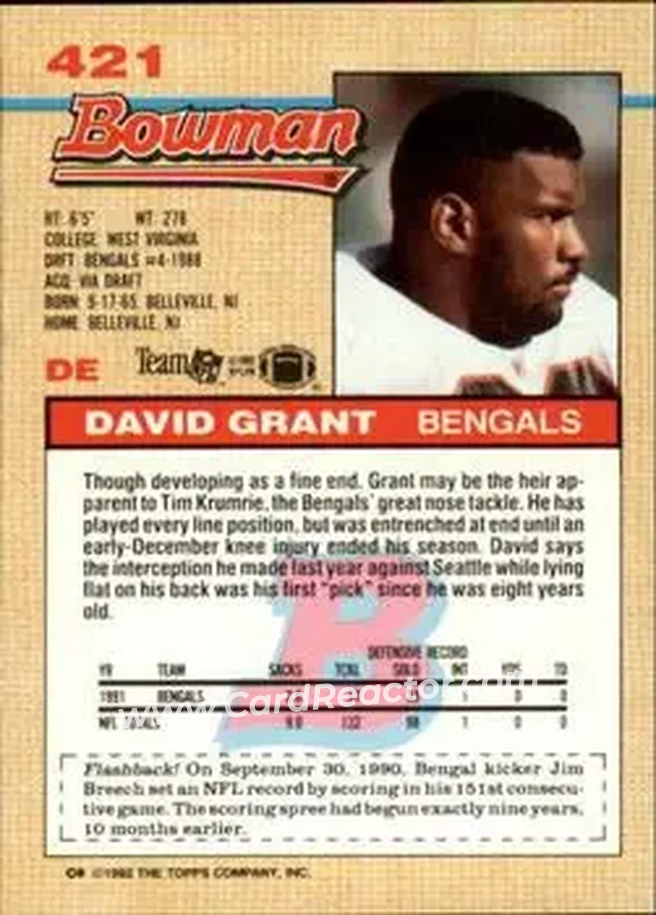 1992 Bowman #421 - David Grant - Cincinnati Bengals - Back
