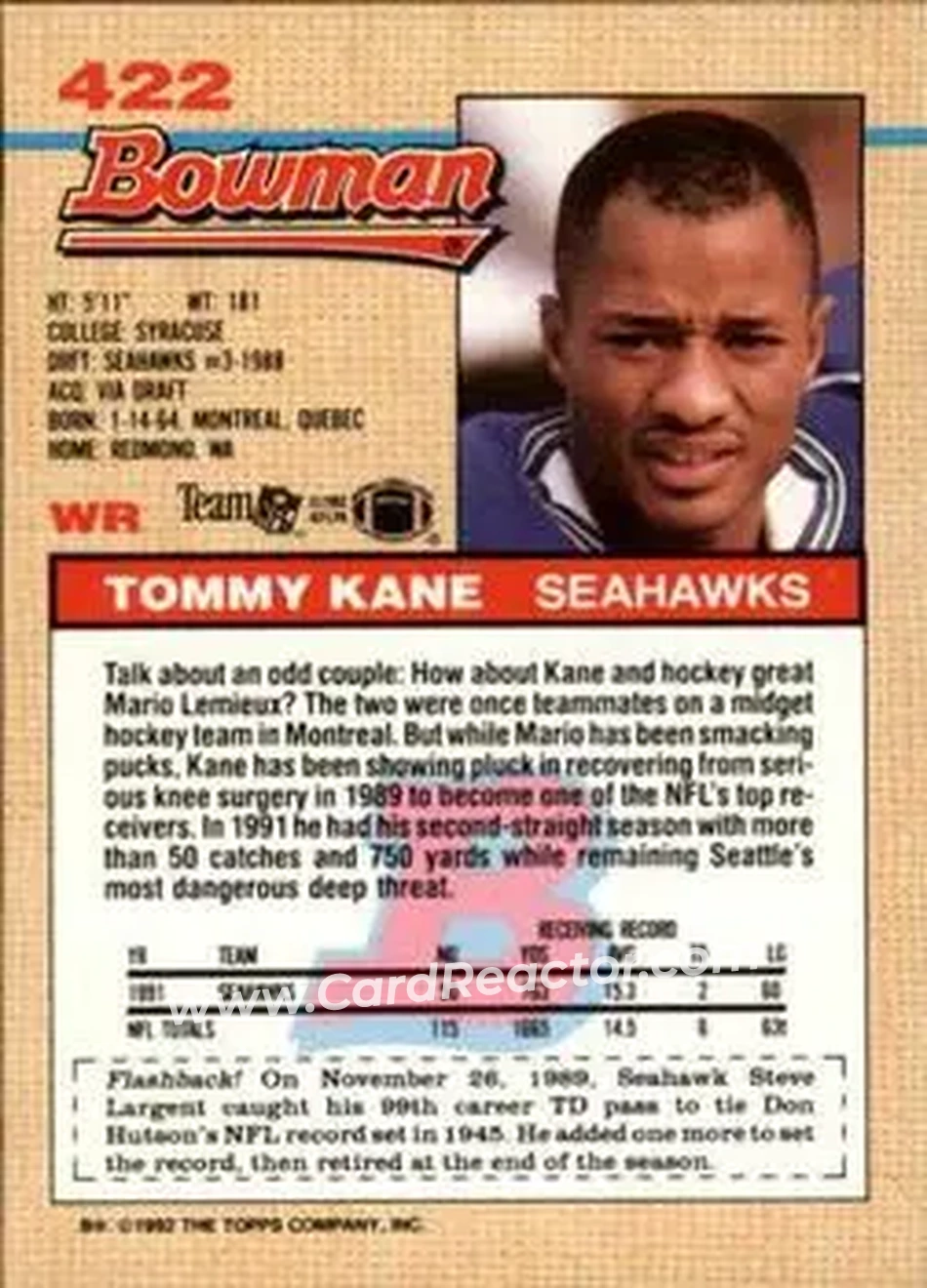 1992 Bowman #422 - Tommy Kane - Seattle Seahawks - Back
