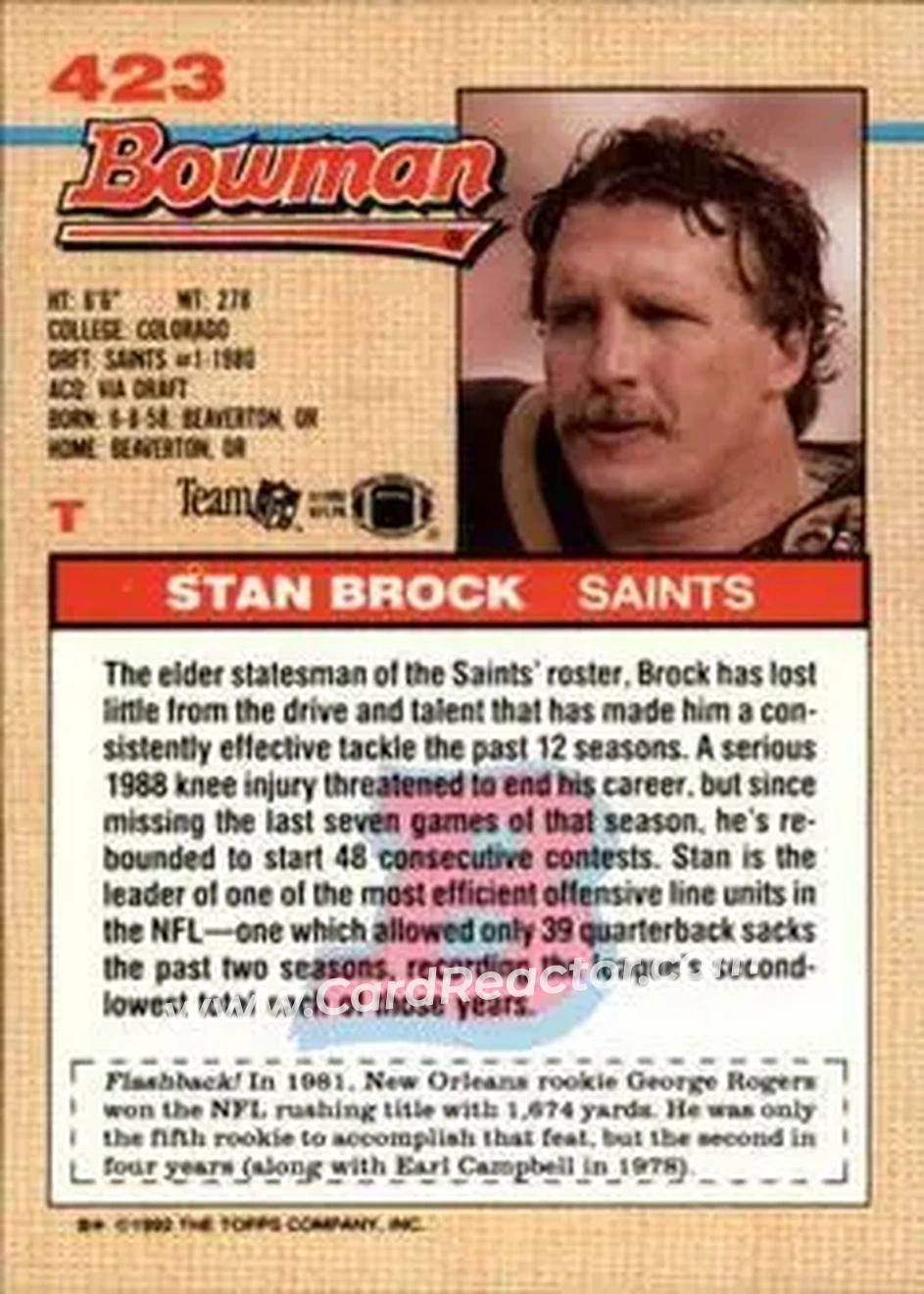 1992 Bowman #423 - Stan Brock - New Orleans Saints - Back 1992 Bowman #423 - Stan Brock - New Orleans Saints - Back