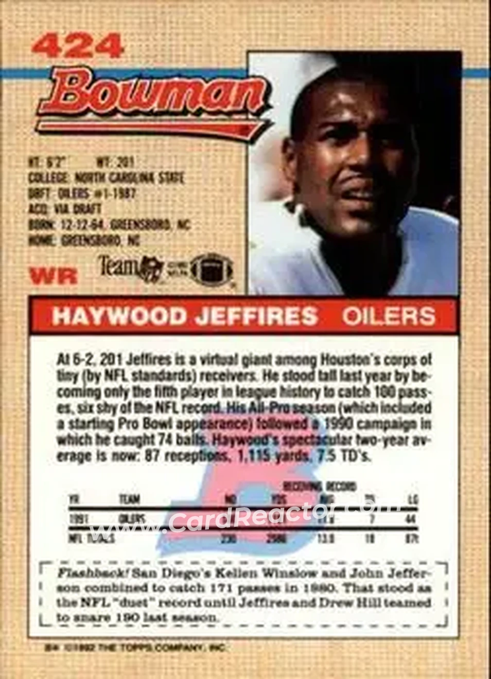 1992 Bowman #424 - Haywood Jeffires - Houston Oilers - Back 1992 Bowman #424 - Haywood Jeffires - Houston Oilers - Back