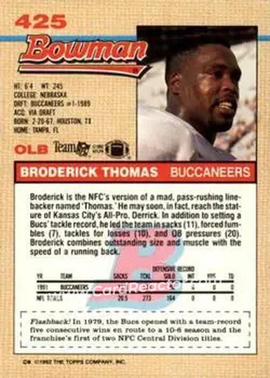 1992 Bowman #425 - Broderick Thomas - Tampa Bay Buccaneers - Back