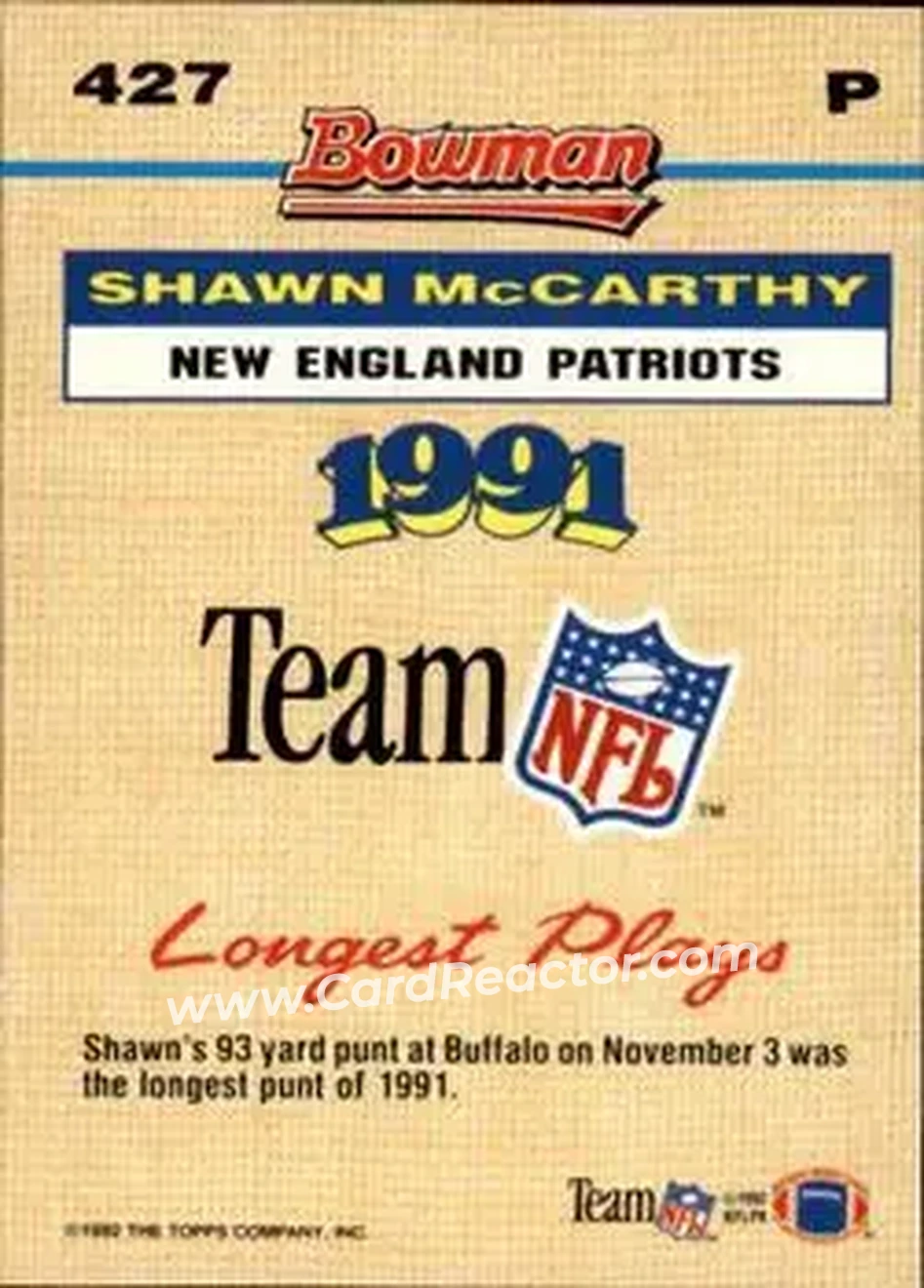 1992 Bowman #427 - Shawn McCarthy - New England Patriots - Back