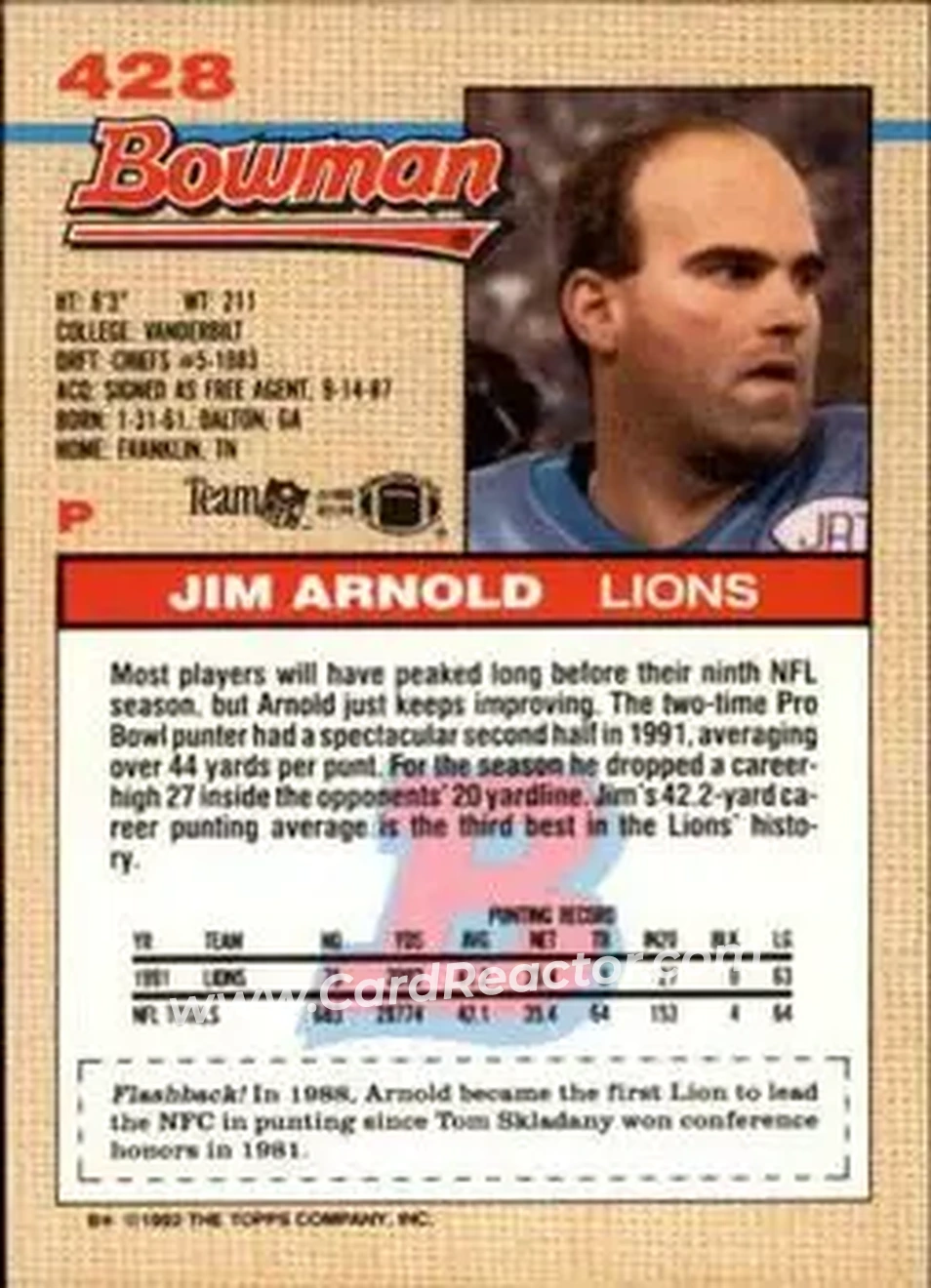 1992 Bowman #428 - Jim Arnold - Detroit Lions - Back