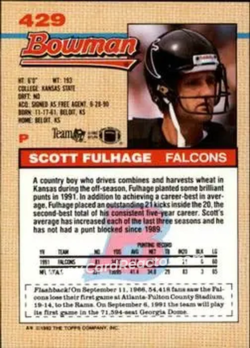 1992 Bowman #429 - Scott Fulhage - Atlanta Falcons - Back