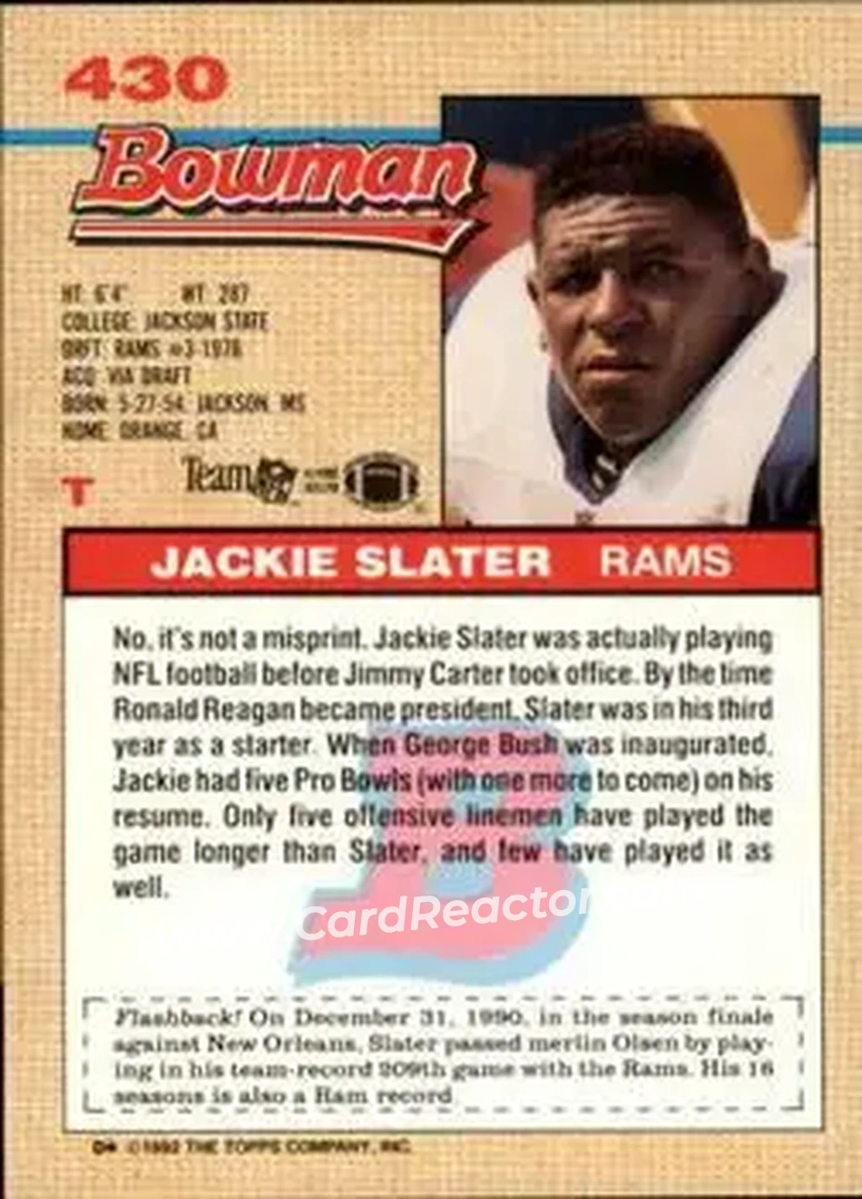 1992 Bowman #430 - Jackie Slater - Los Angeles Rams - Back
