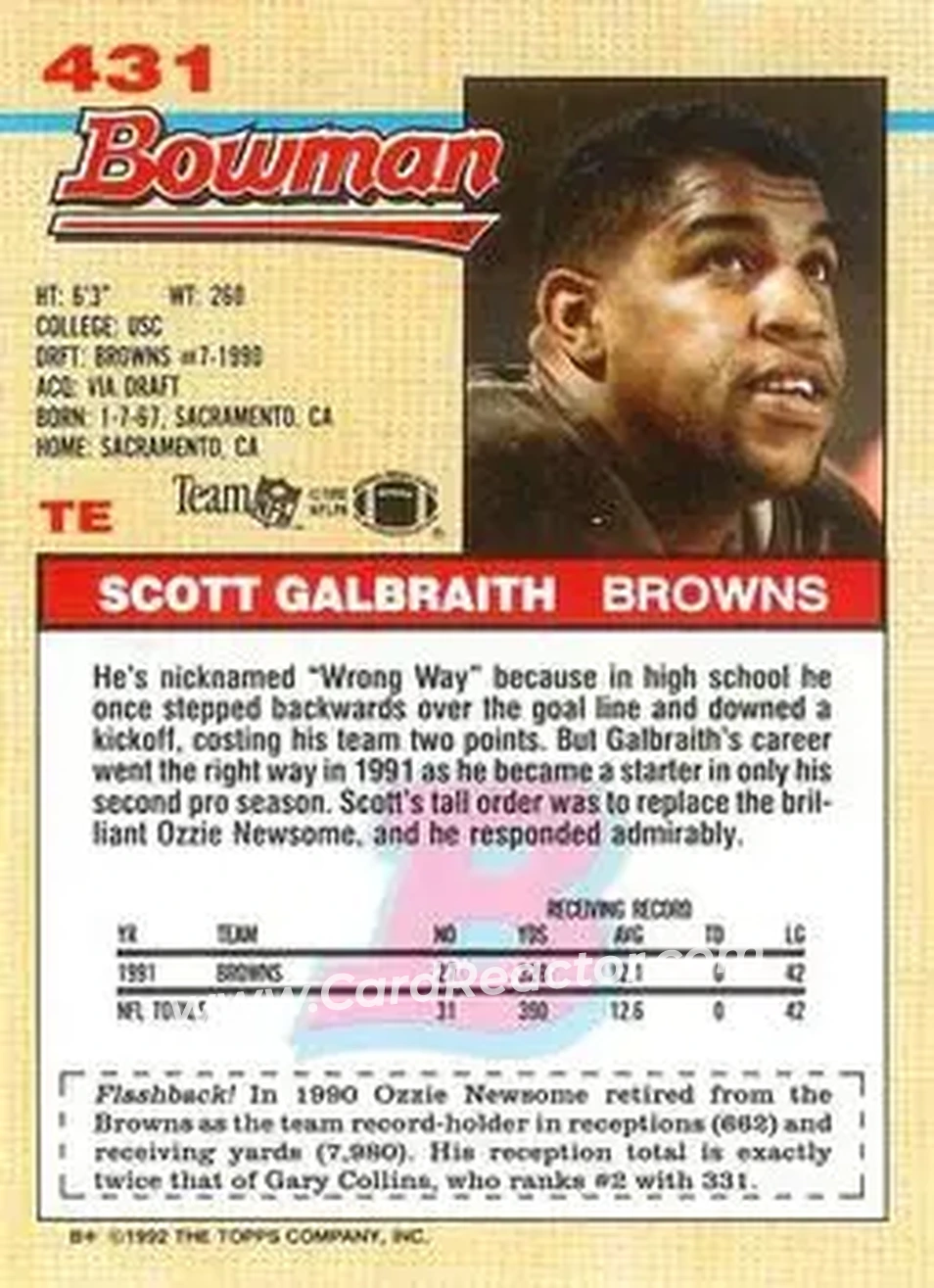 1992 Bowman #431 - Scott Galbraith - Cleveland Browns - Back