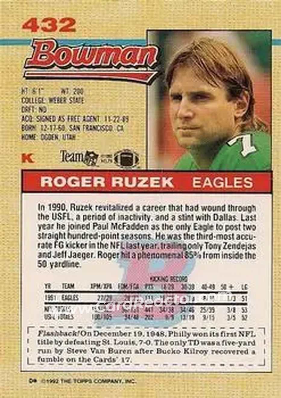 1992 Bowman #432 - Roger Ruzek - Philadelphia Eagles - Back