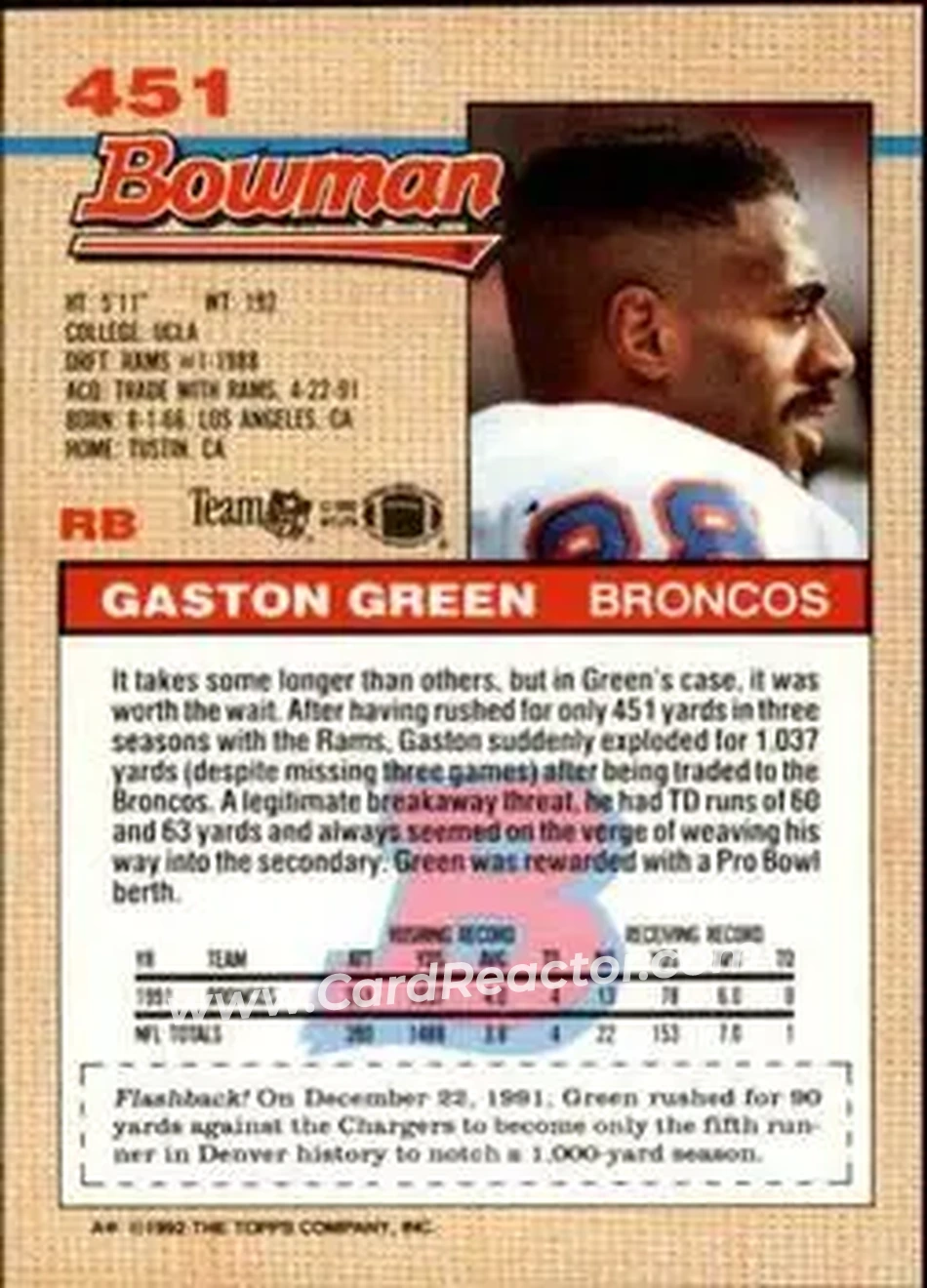 1992 Bowman #451 - Gaston Green - Denver Broncos - Back