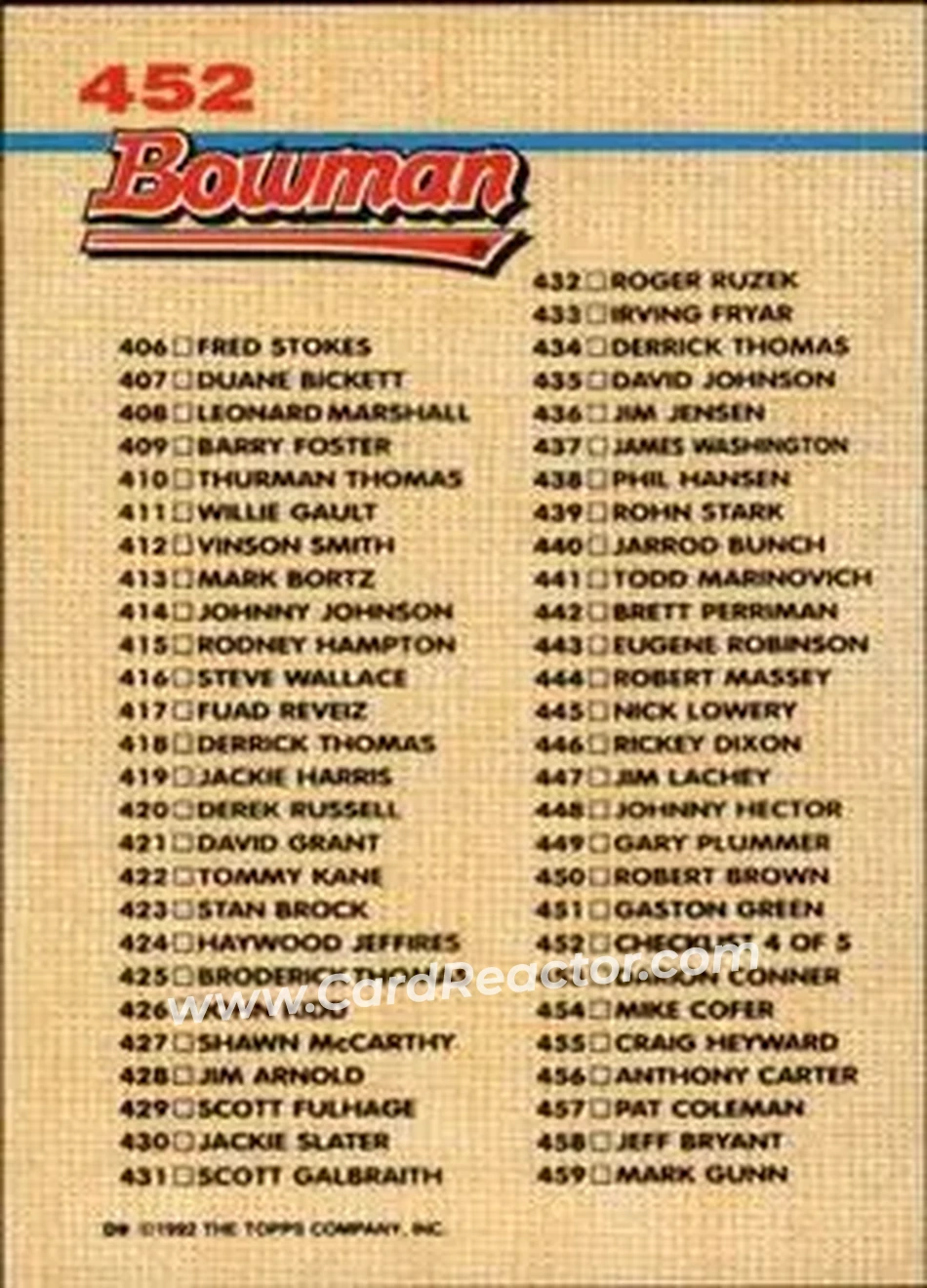 1992 Bowman #452 - Checklist 4: 346-459 CL - Back