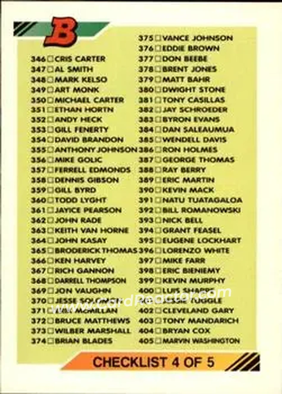 1992 Bowman #452 - Checklist 4: 346-459 CL - Front