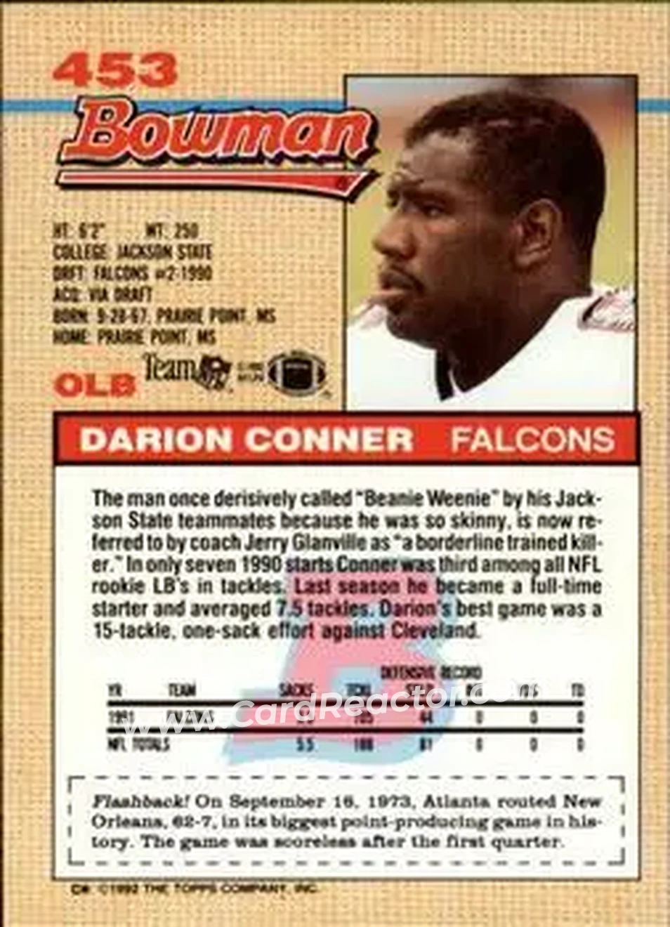 1992 Bowman #453 - Darion Conner - Atlanta Falcons - Back