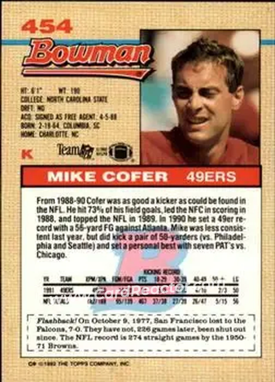 1992 Bowman #454 - Mike Cofer - San Francisco 49ers - Back