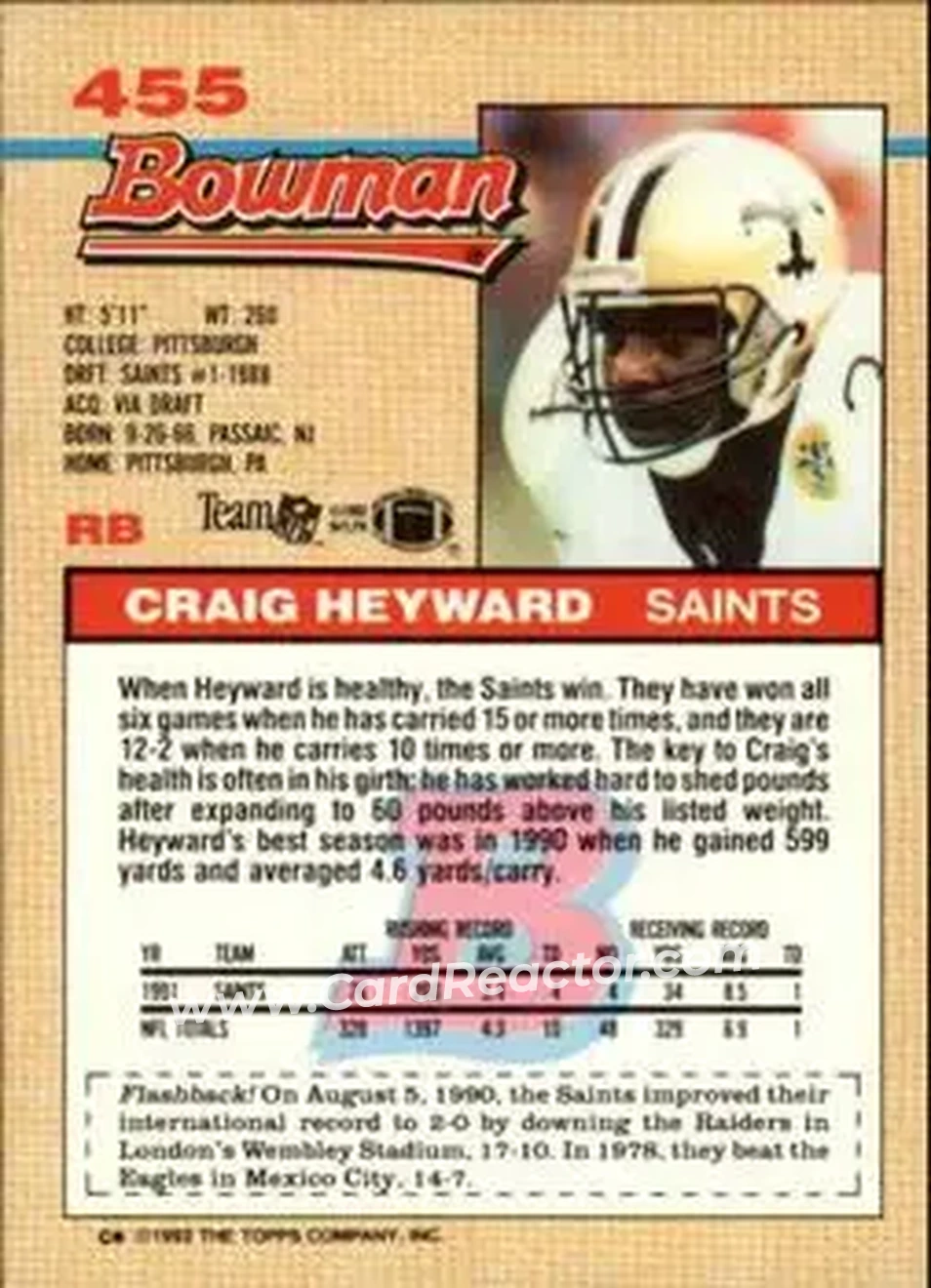 1992 Bowman #455 - Craig Heyward - New Orleans Saints - Back