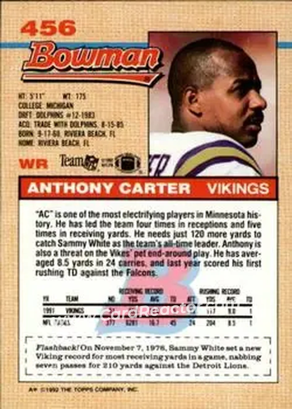 1992 Bowman #456 - Anthony Carter - Minnesota Vikings - Back