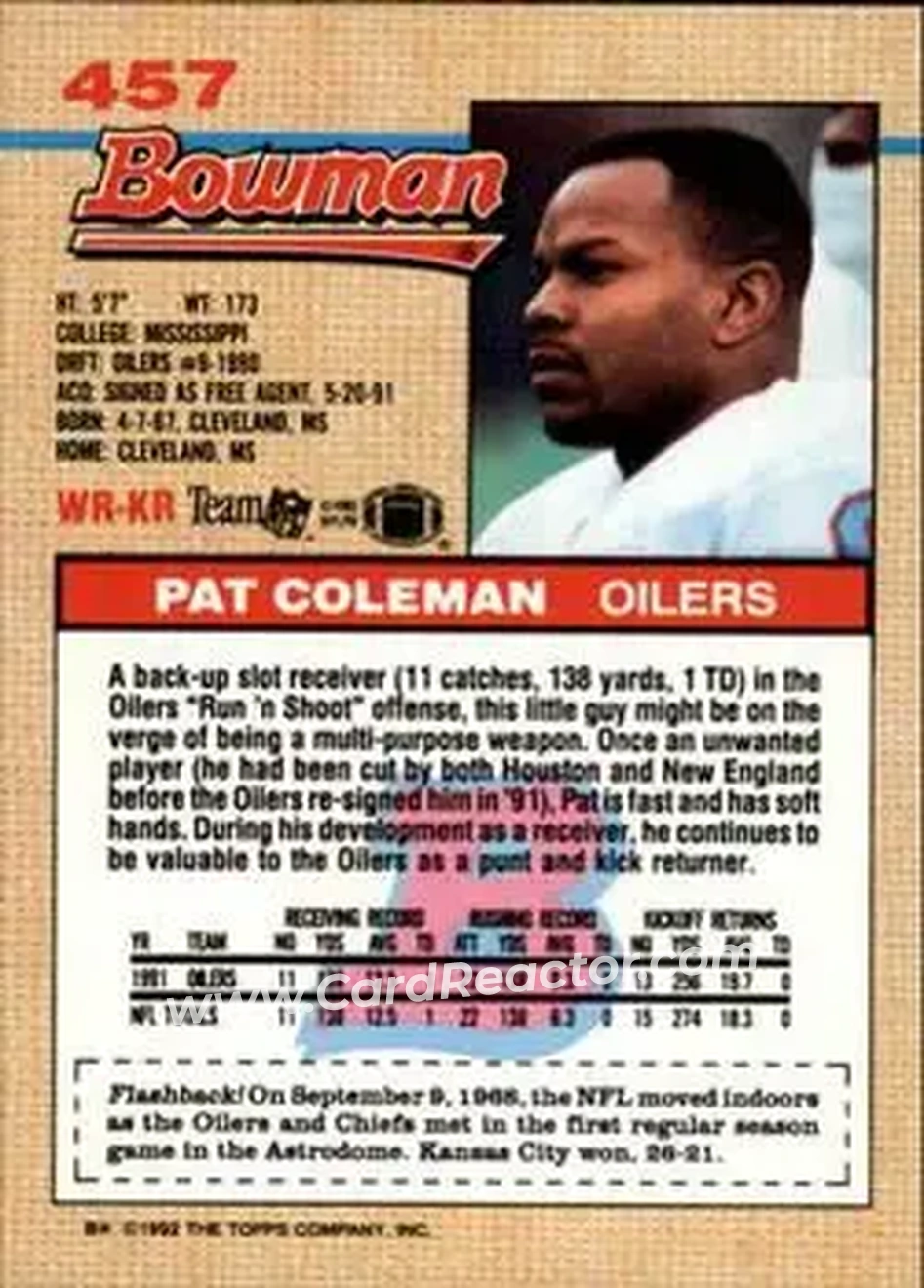 1992 Bowman #457 - Pat Coleman - Houston Oilers - Back